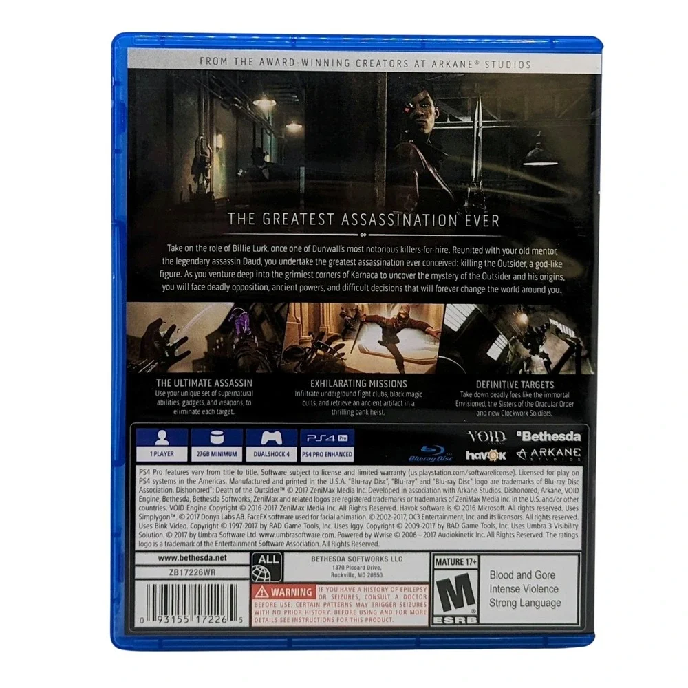 2017 Bethesda Dishonored: Death of the Outsider PS4 Playstation 4 - Pre-Owned